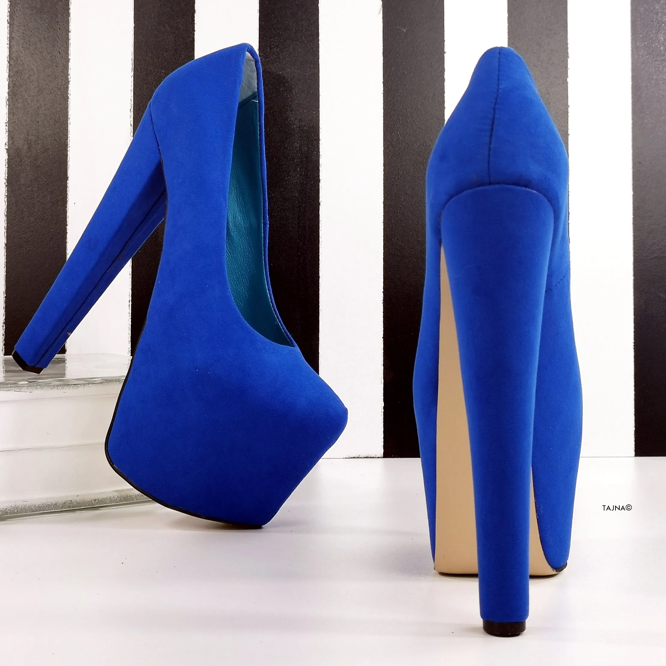 Blue Suede High Heel Hidden Platform Pumps