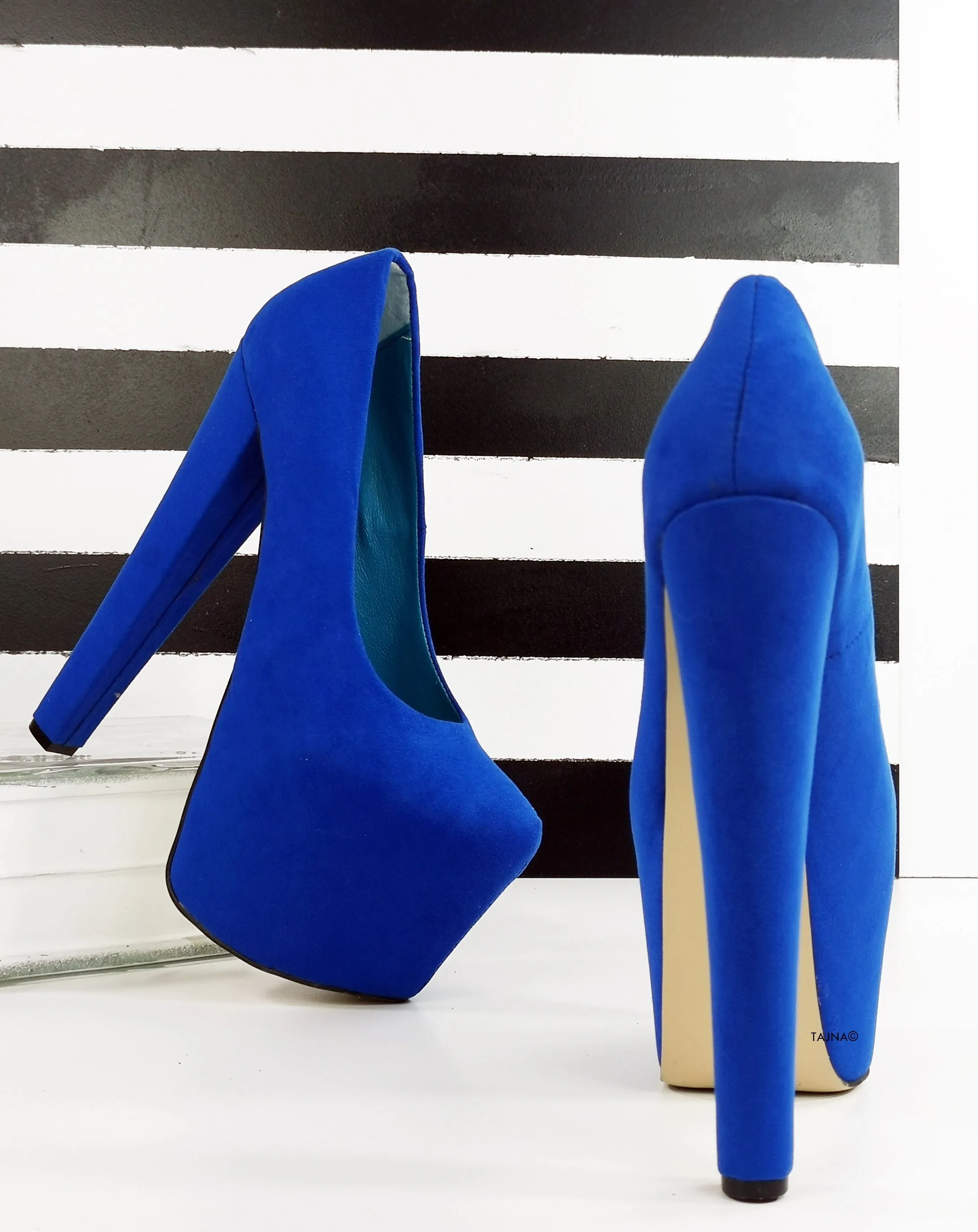 Blue Suede High Heel Hidden Platform Pumps