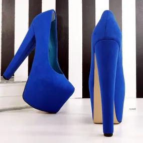 Blue Suede High Heel Hidden Platform Pumps
