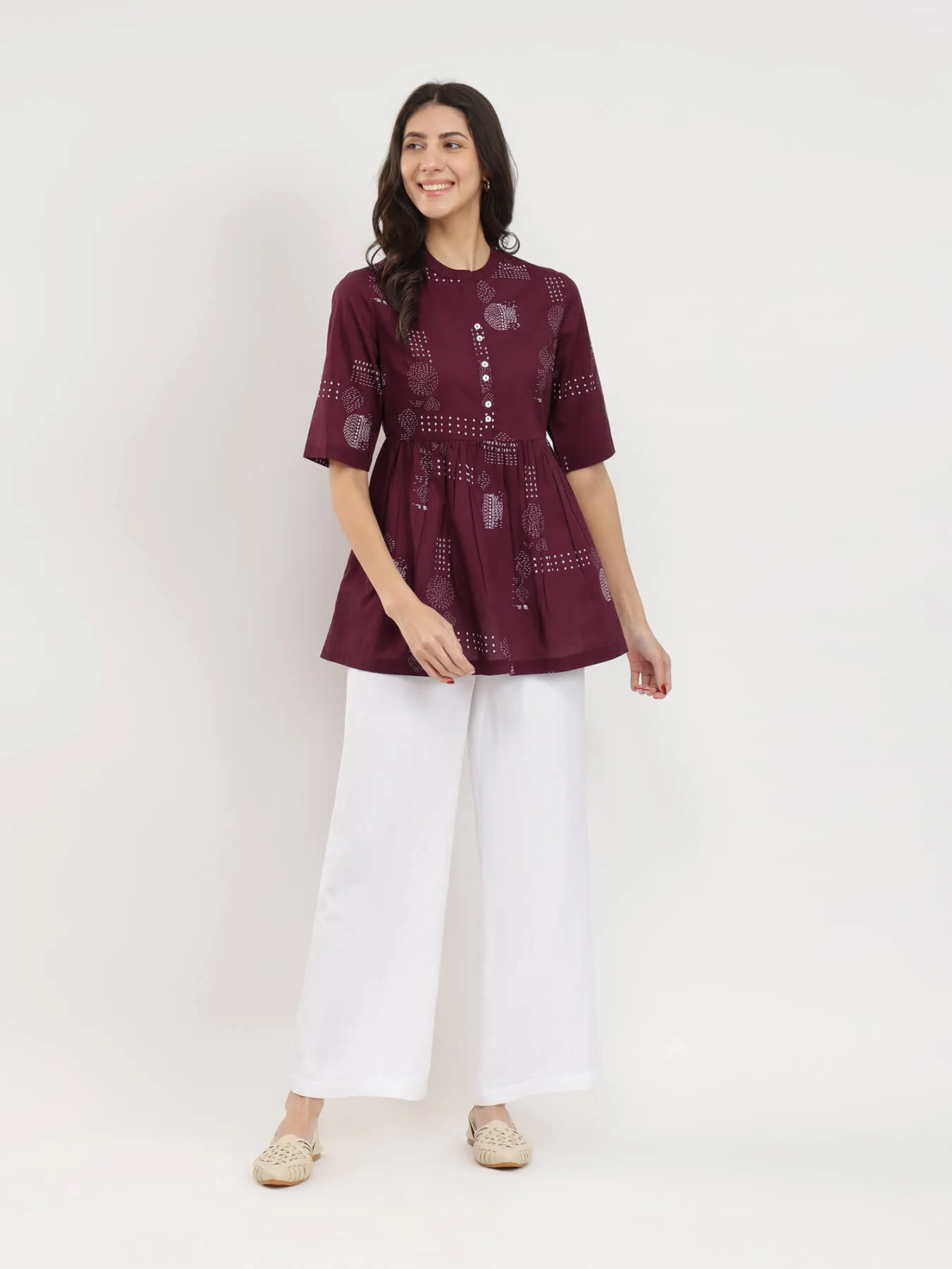 Cotton Geometric Print Tunic - Burgundy