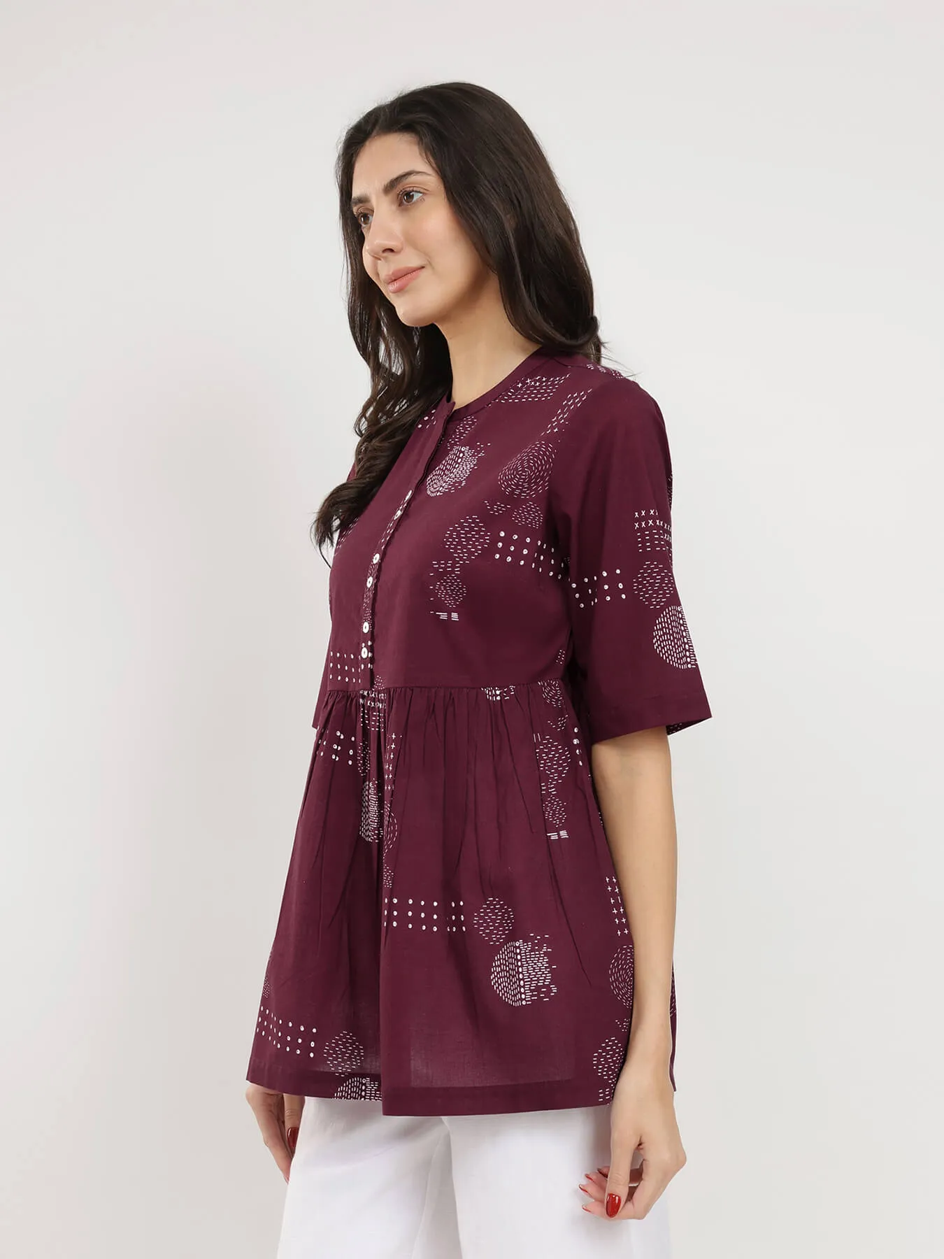 Cotton Geometric Print Tunic - Burgundy