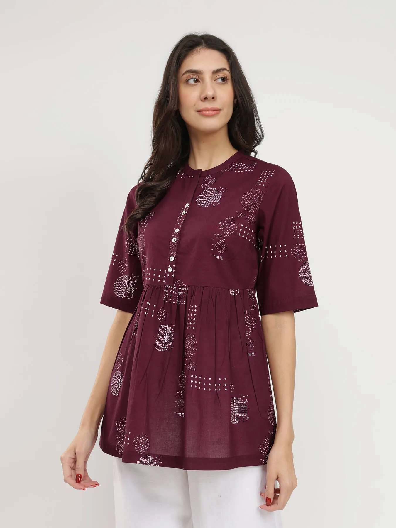 Cotton Geometric Print Tunic - Burgundy