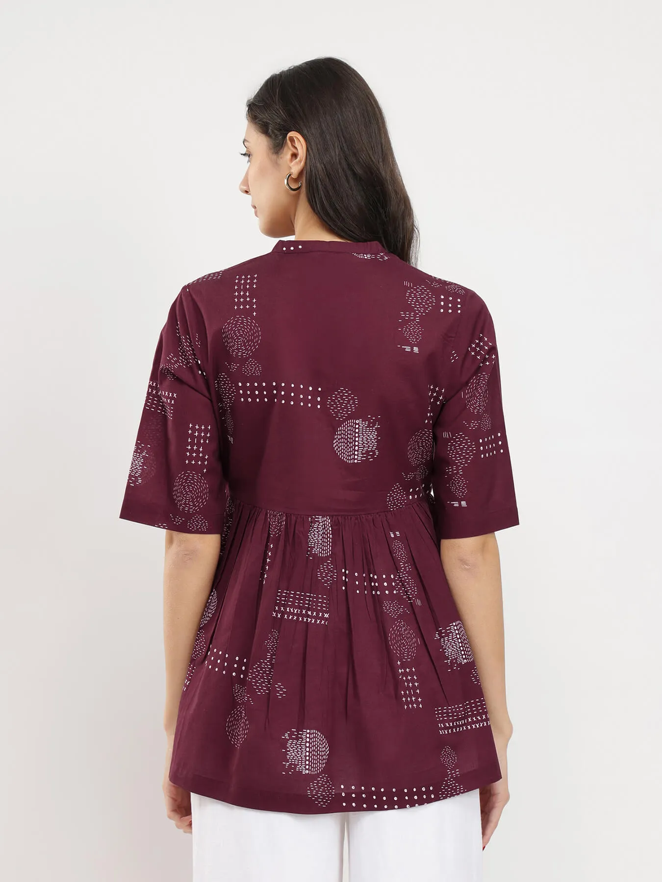 Cotton Geometric Print Tunic - Burgundy