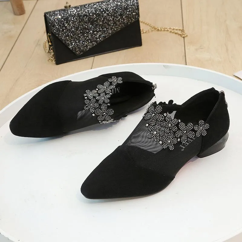 Crystal flower black mesh pointd toe low heel sandals