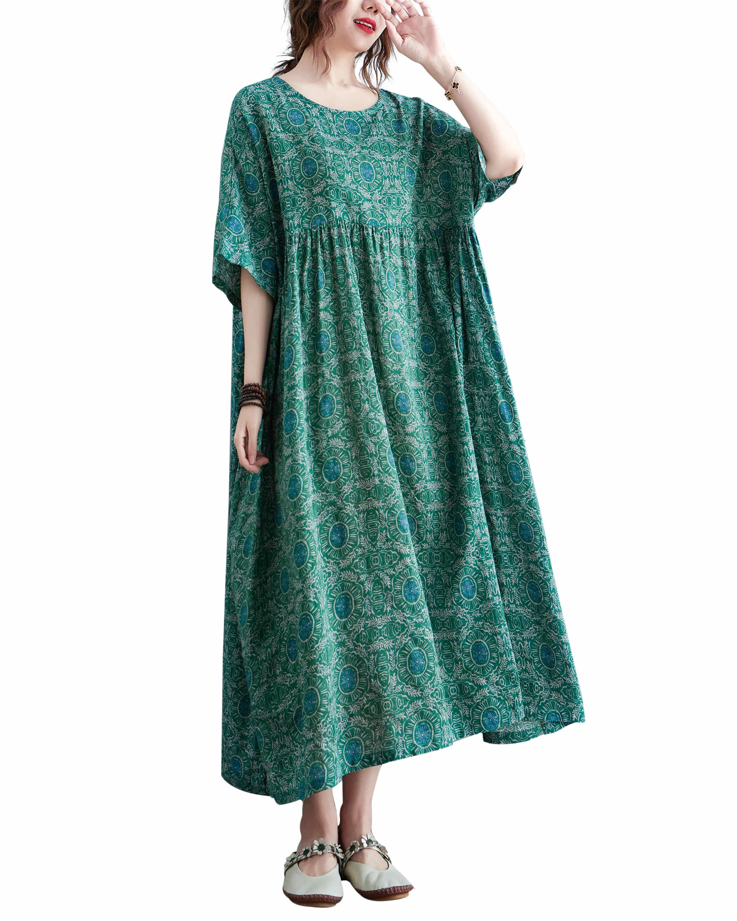 ellazhu Women Casual Loose Midi Ankle Length Short Sleeve Crewneck Dress GA2528