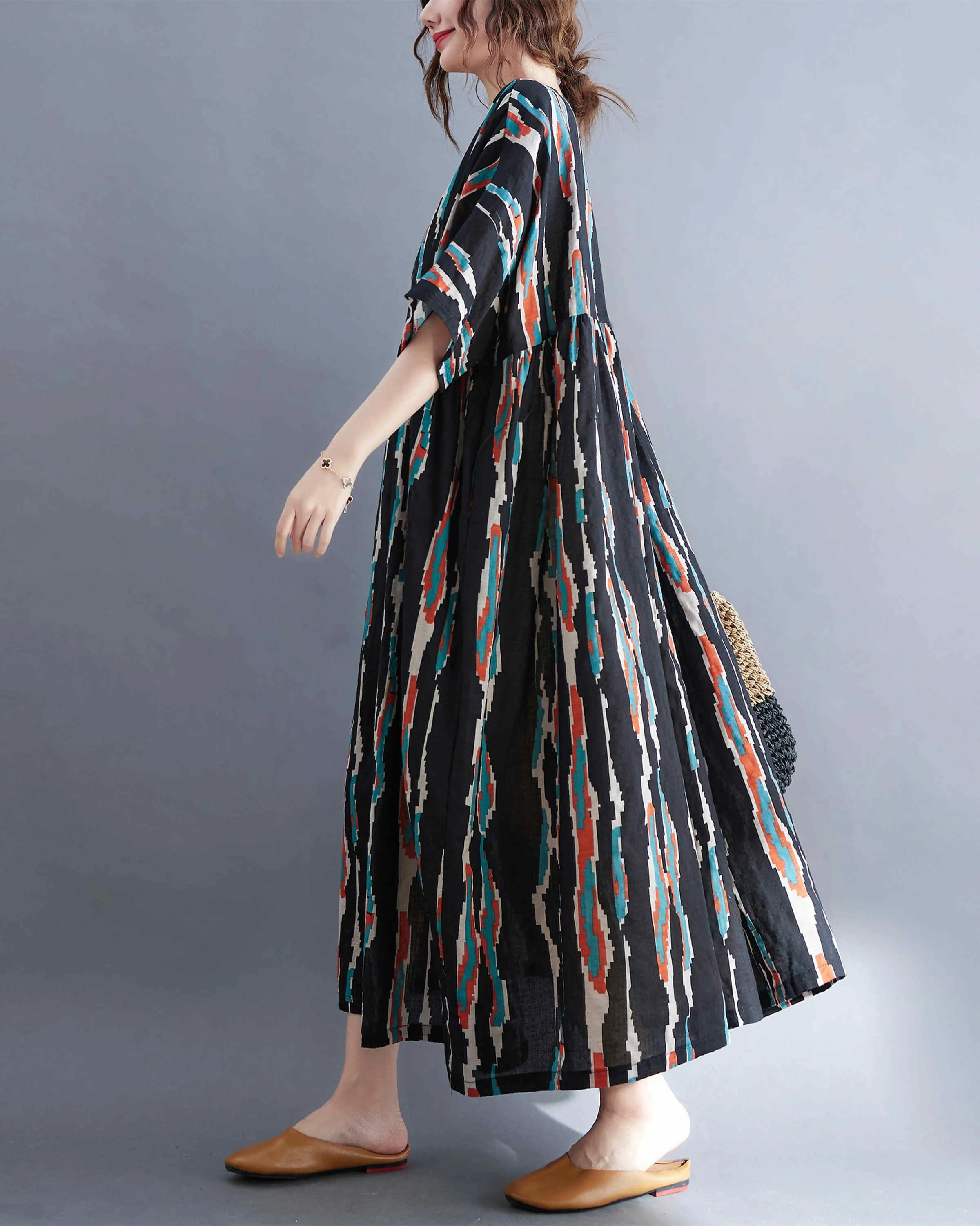 ellazhu Women Casual Loose Midi Ankle Length Short Sleeve Crewneck Dress GA2528