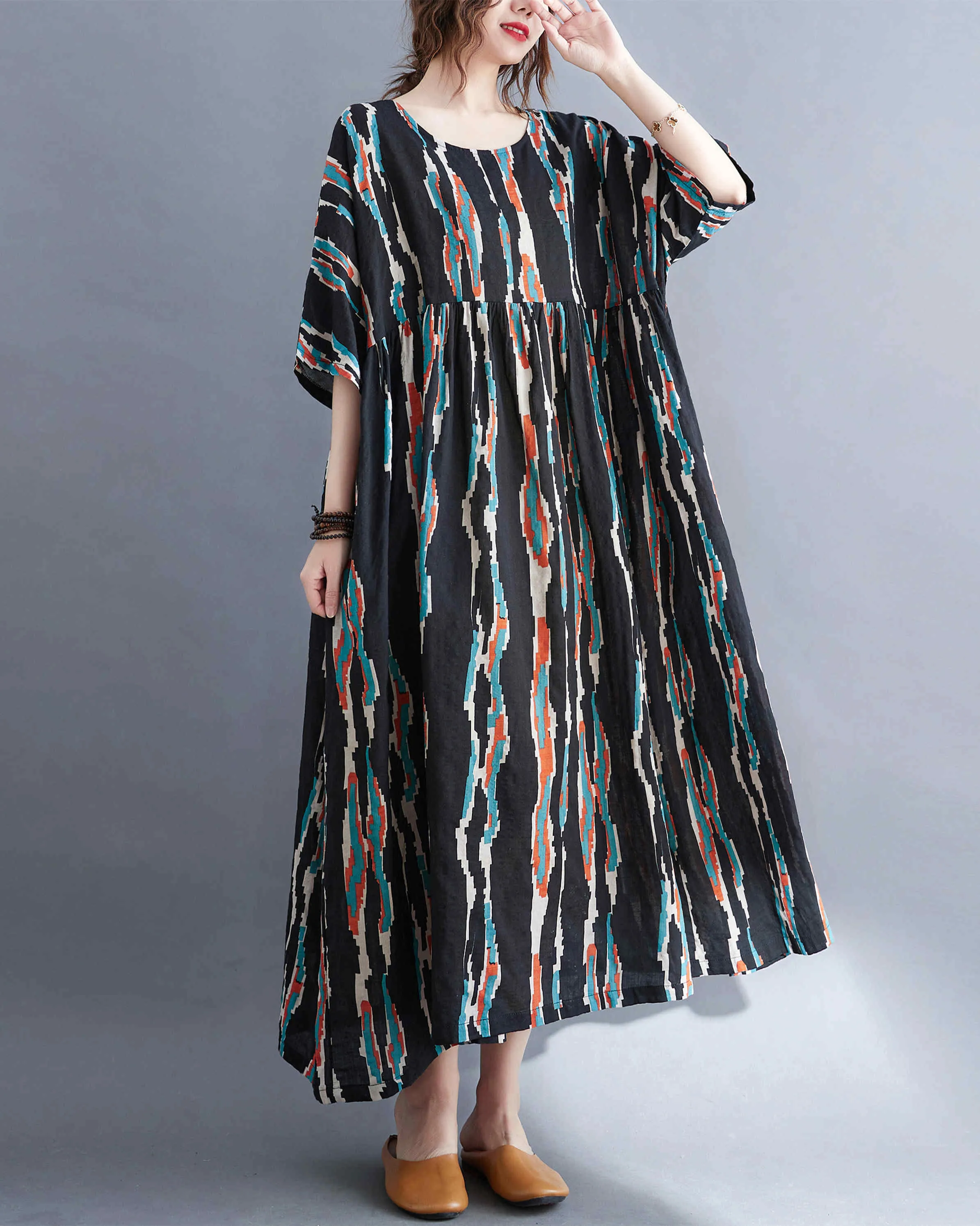 ellazhu Women Casual Loose Midi Ankle Length Short Sleeve Crewneck Dress GA2528