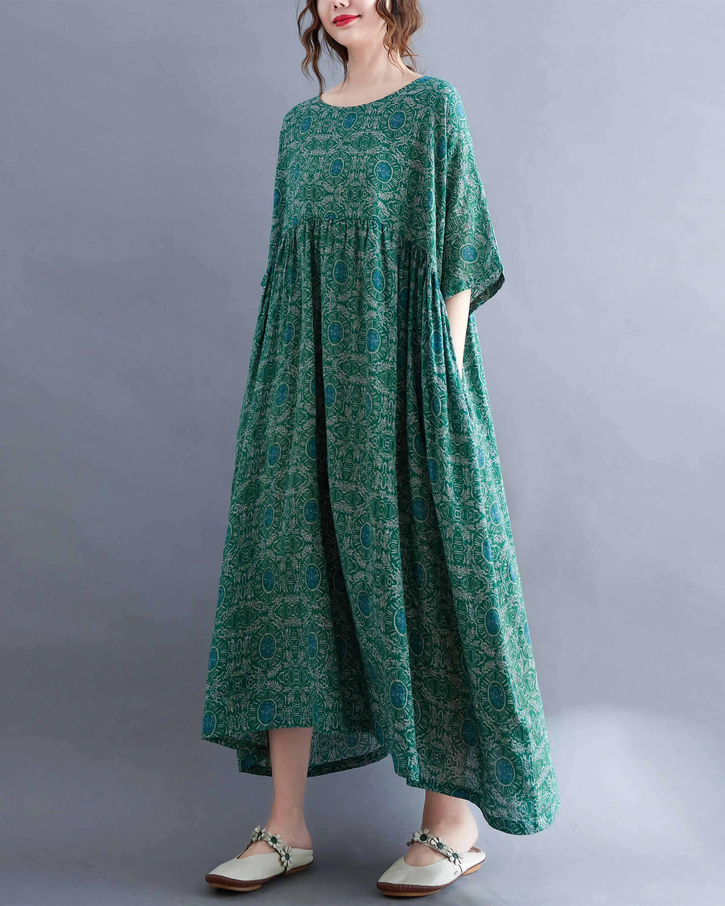 ellazhu Women Casual Loose Midi Ankle Length Short Sleeve Crewneck Dress GA2528