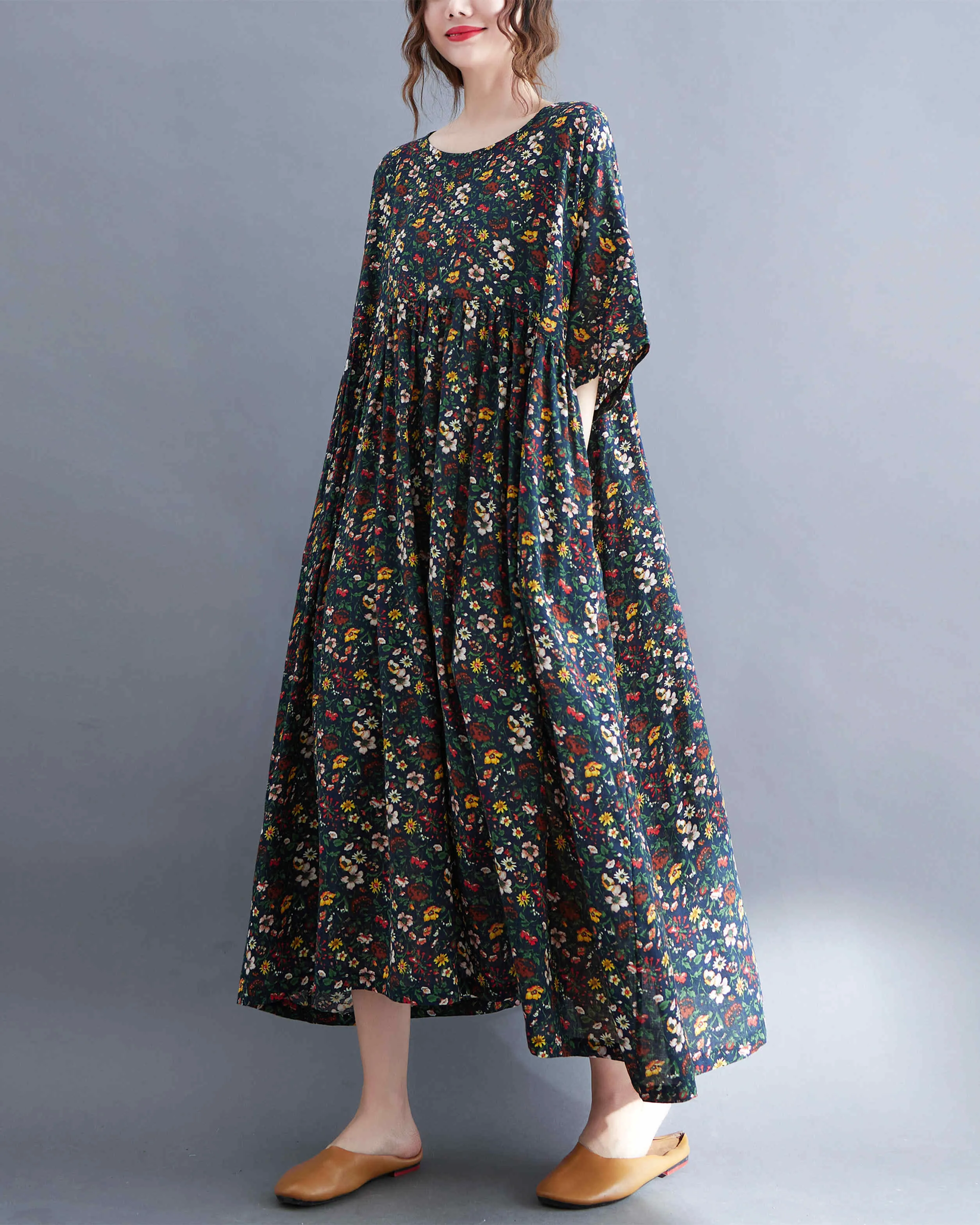 ellazhu Women Casual Loose Midi Ankle Length Short Sleeve Crewneck Dress GA2528