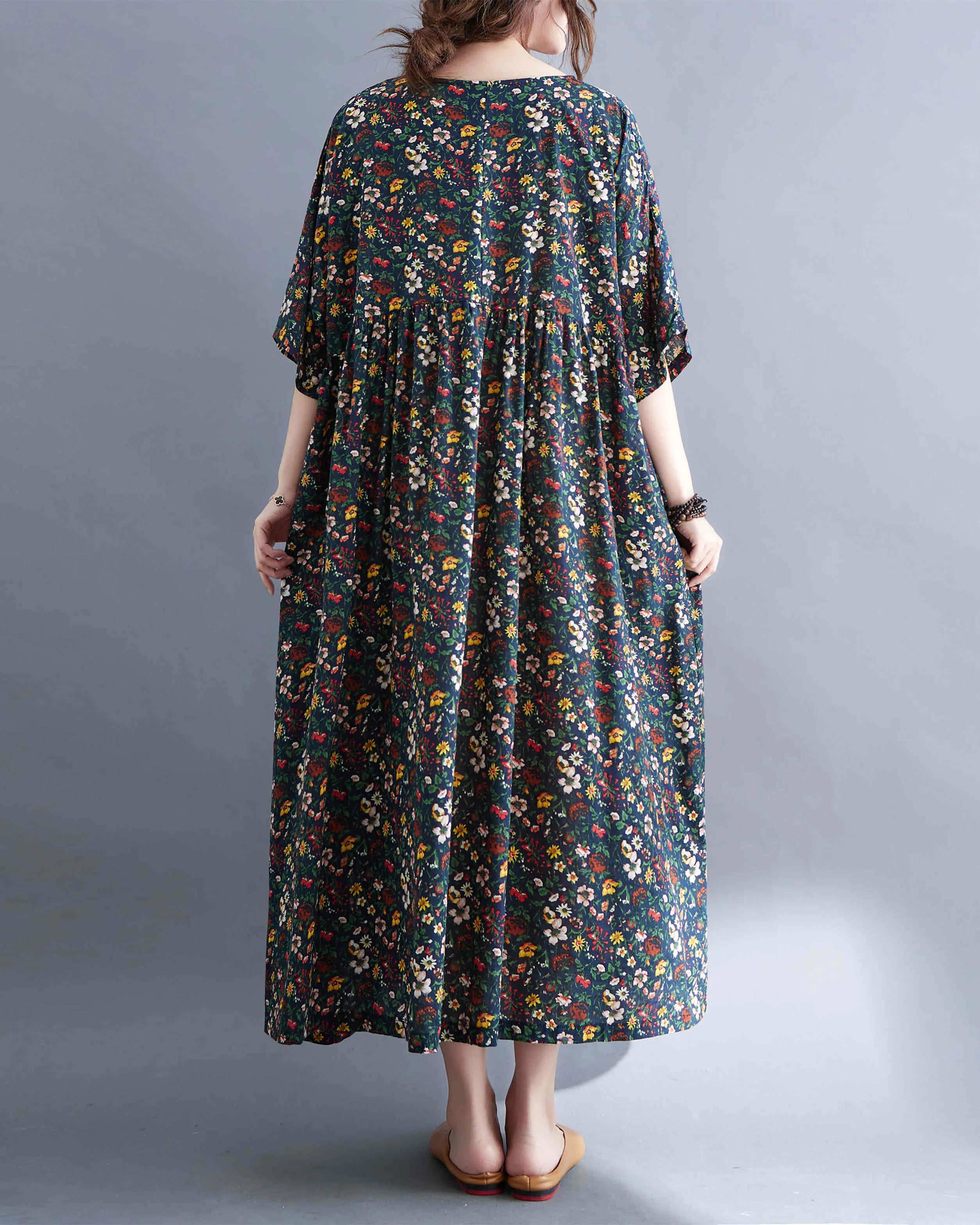 ellazhu Women Casual Loose Midi Ankle Length Short Sleeve Crewneck Dress GA2528