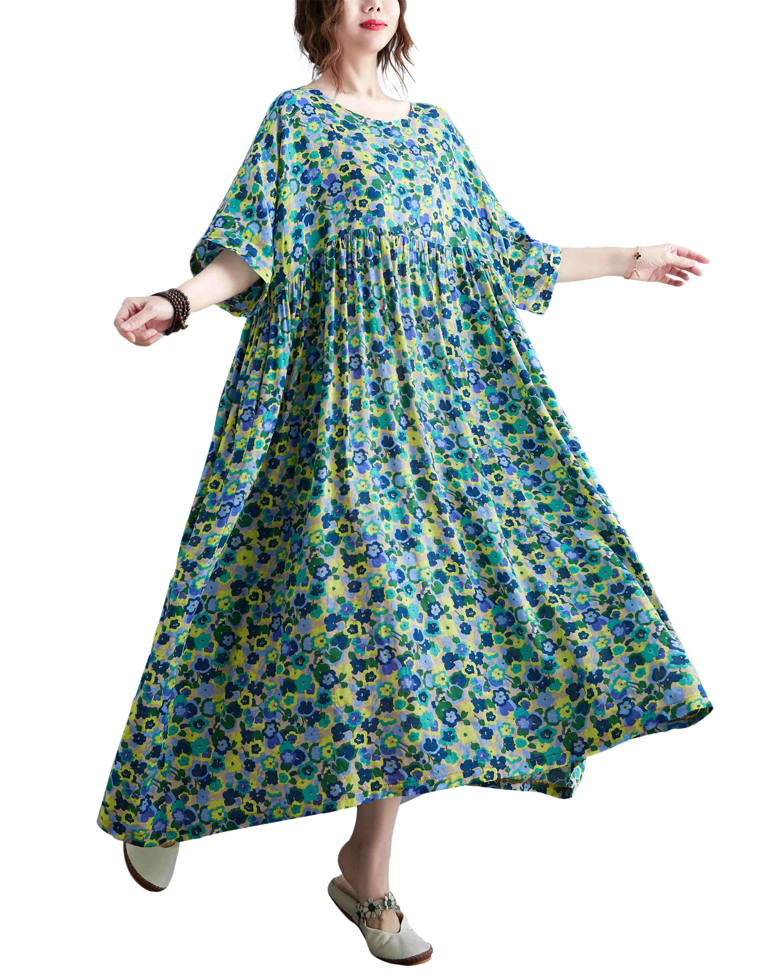 ellazhu Women Casual Loose Midi Ankle Length Short Sleeve Crewneck Dress GA2528