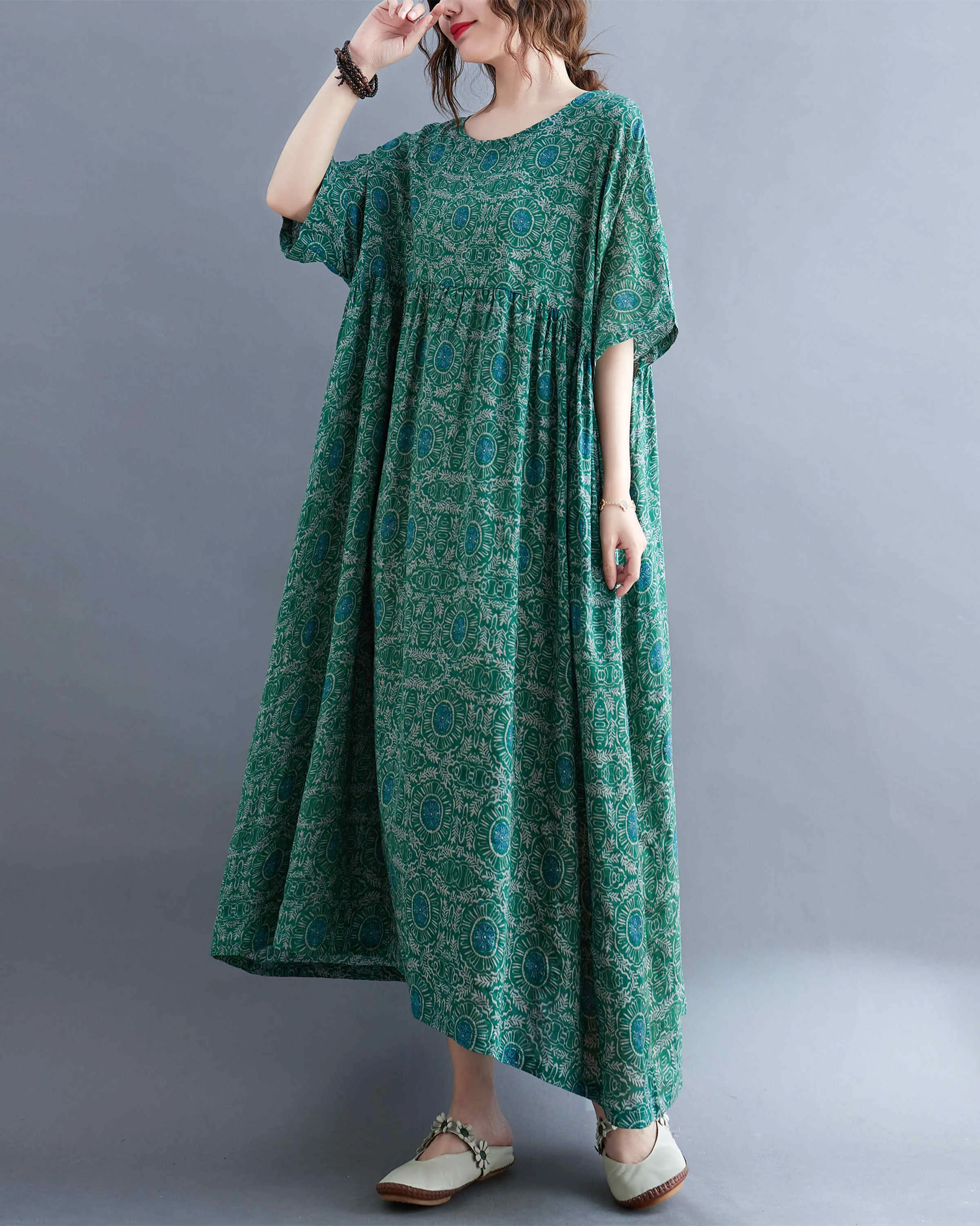 ellazhu Women Casual Loose Midi Ankle Length Short Sleeve Crewneck Dress GA2528