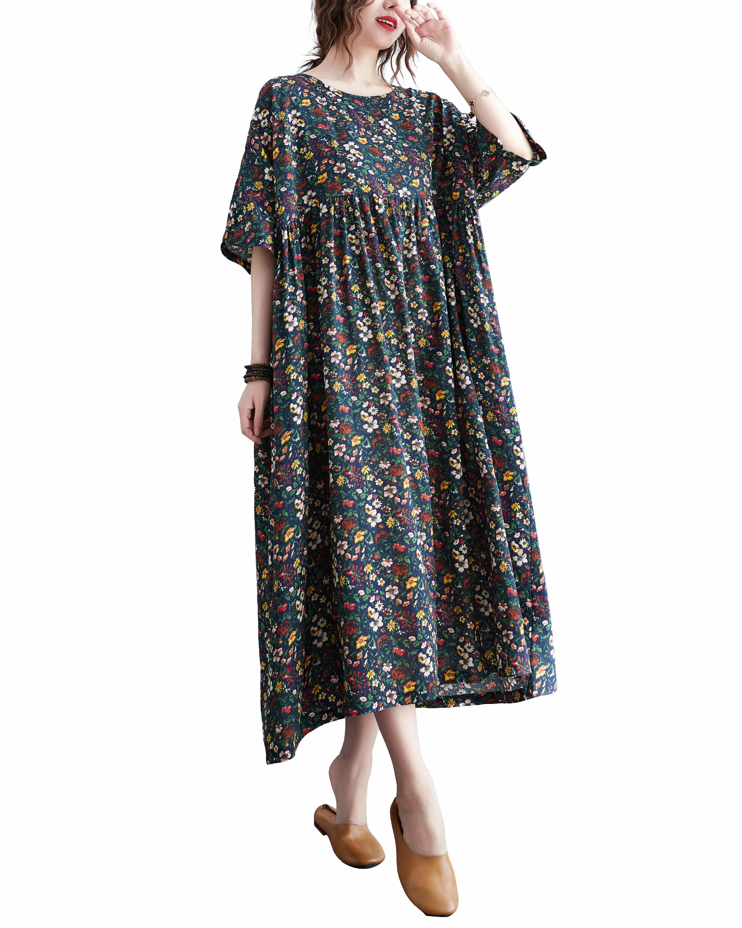 ellazhu Women Casual Loose Midi Ankle Length Short Sleeve Crewneck Dress GA2528