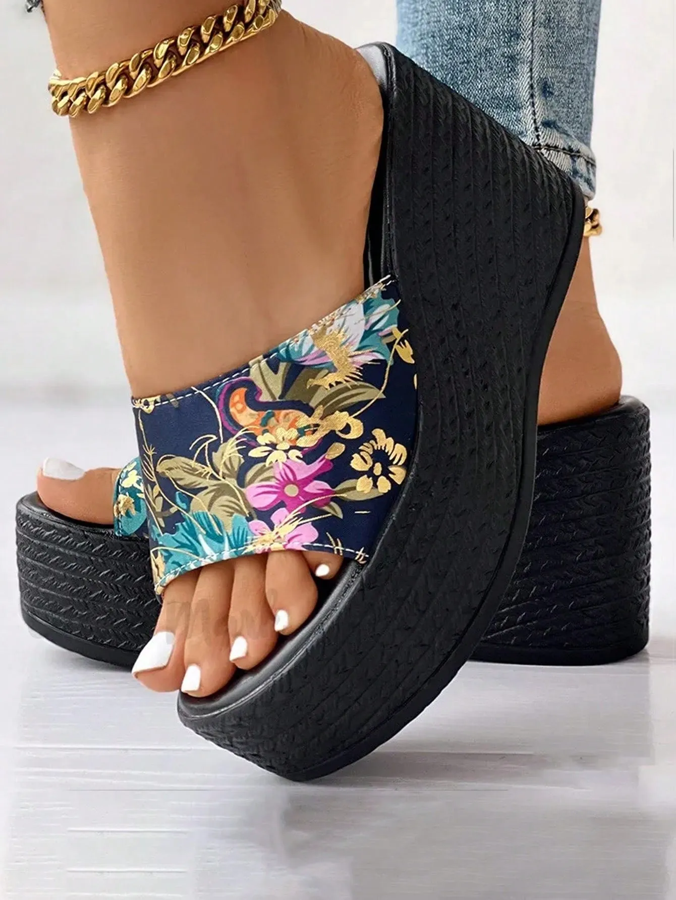 Fahionable  Bow Decor Floral Pattern Bow Decor Ankle Strap Wedge Women Slippers