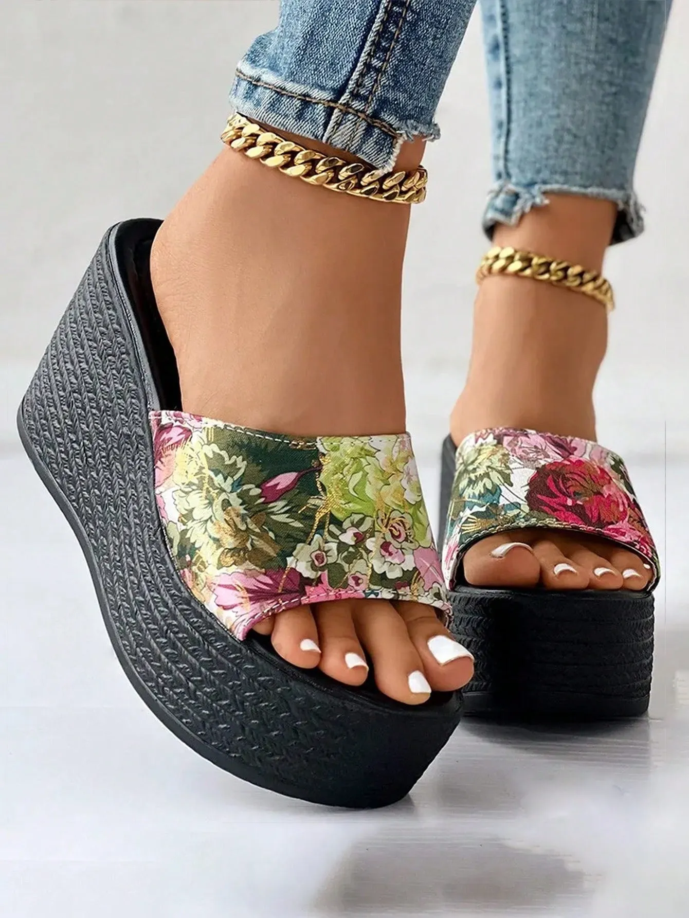 Fahionable  Bow Decor Floral Pattern Bow Decor Ankle Strap Wedge Women Slippers