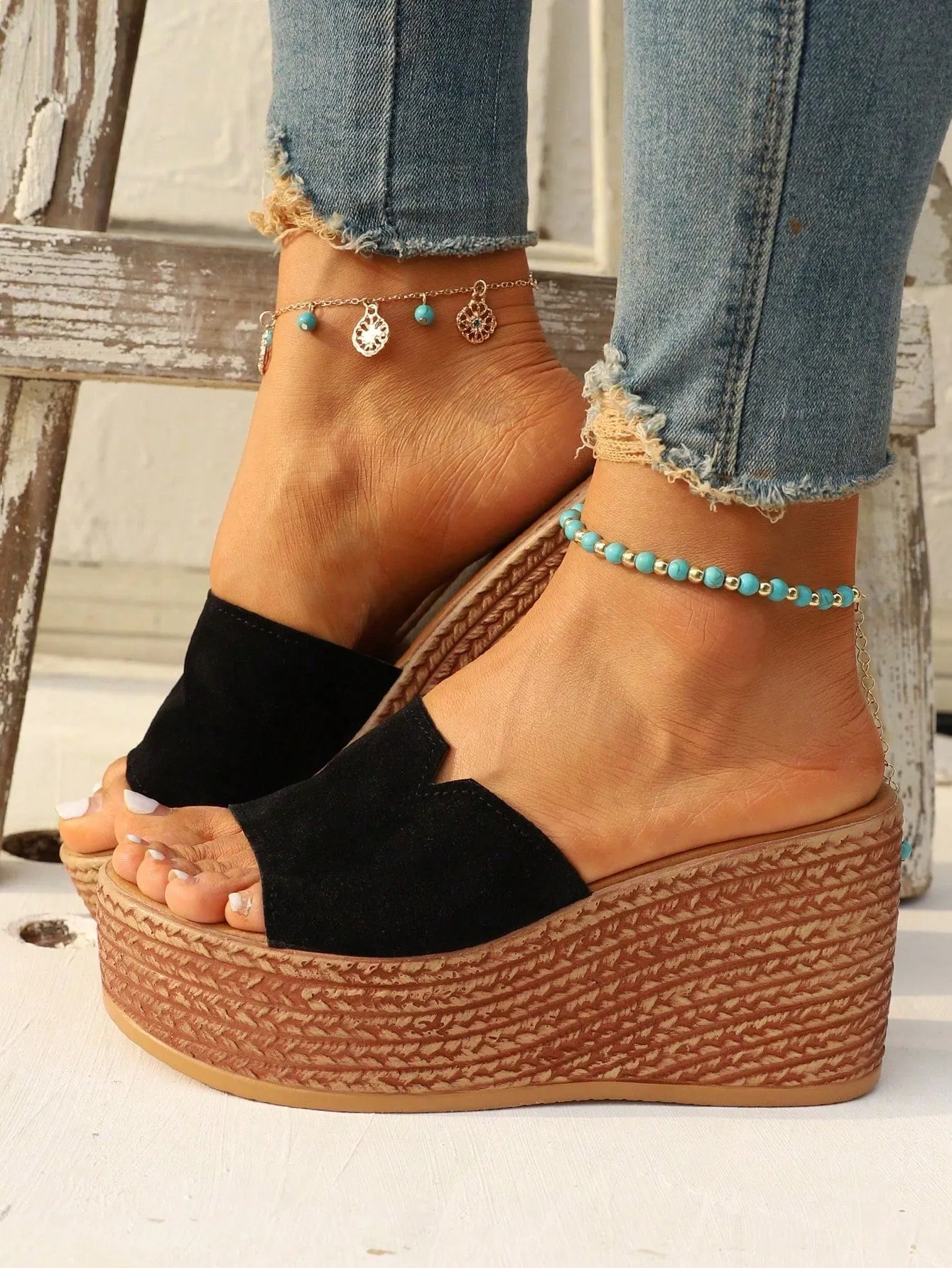 Fahionable  Bow Decor Floral Pattern Bow Decor Ankle Strap Wedge Women Slippers