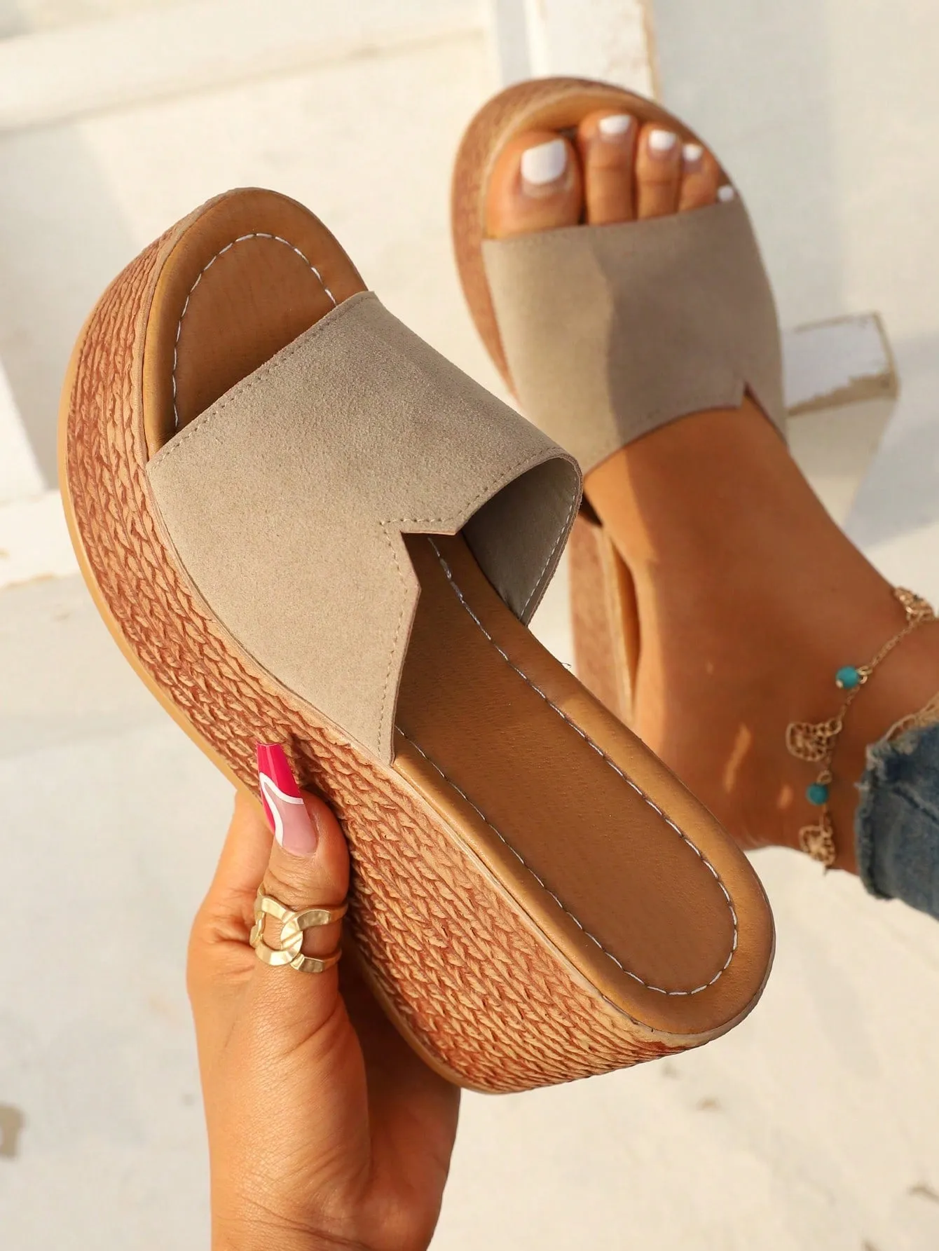 Fahionable  Bow Decor Floral Pattern Bow Decor Ankle Strap Wedge Women Slippers