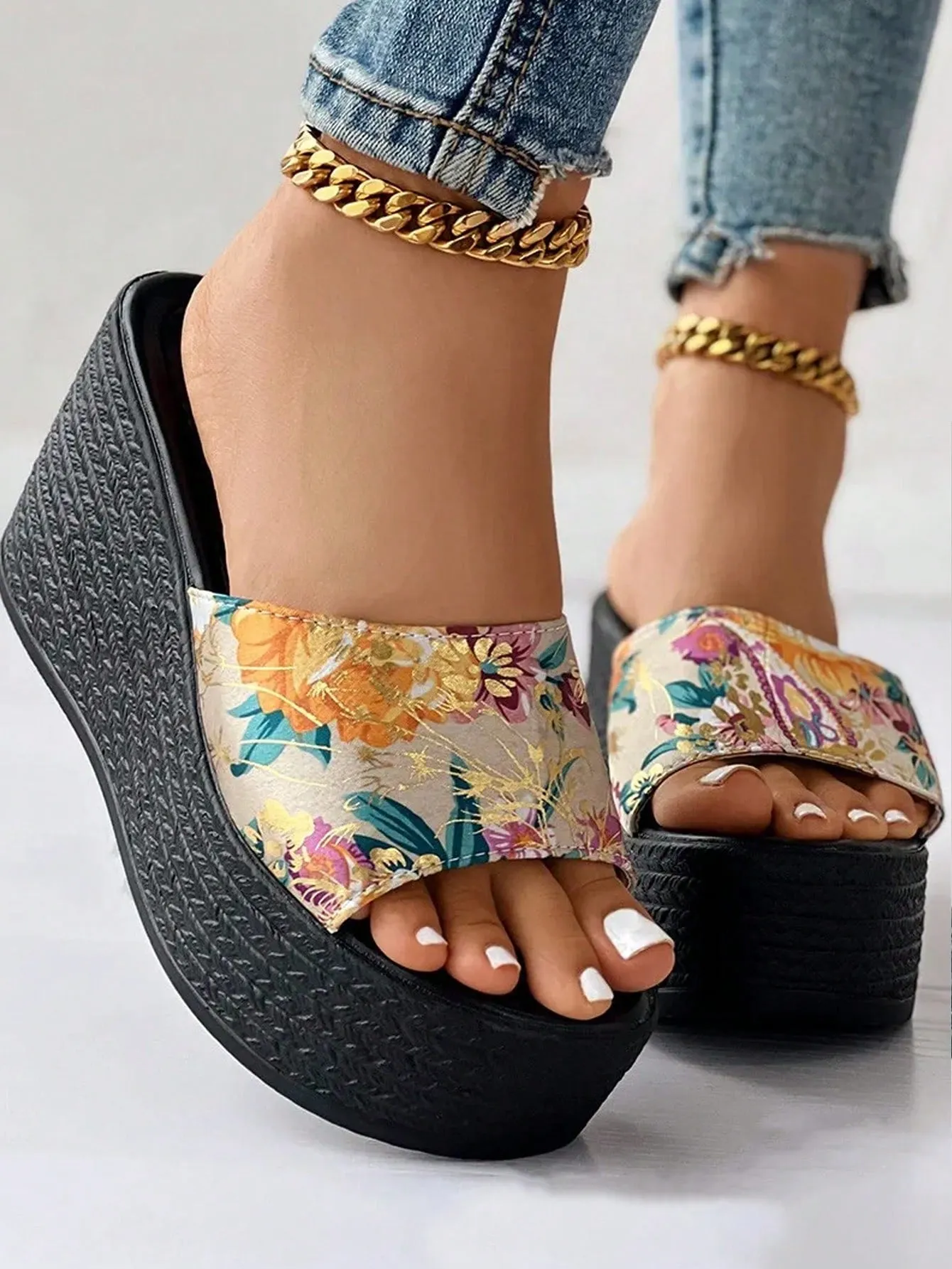 Fahionable  Bow Decor Floral Pattern Bow Decor Ankle Strap Wedge Women Slippers