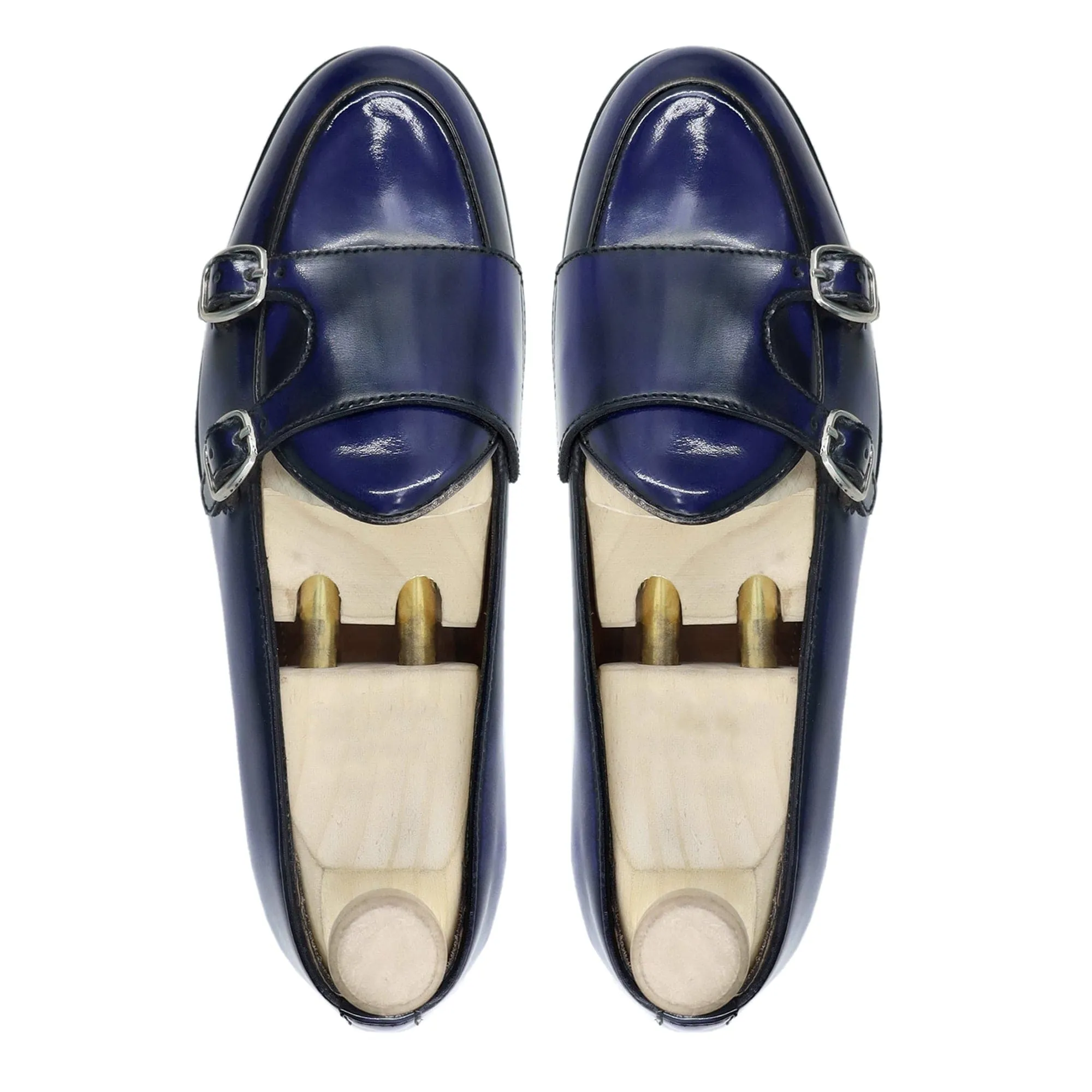 Handmade Custom Men's Blue Box Leather High Shine Double Monkstrap Loafers