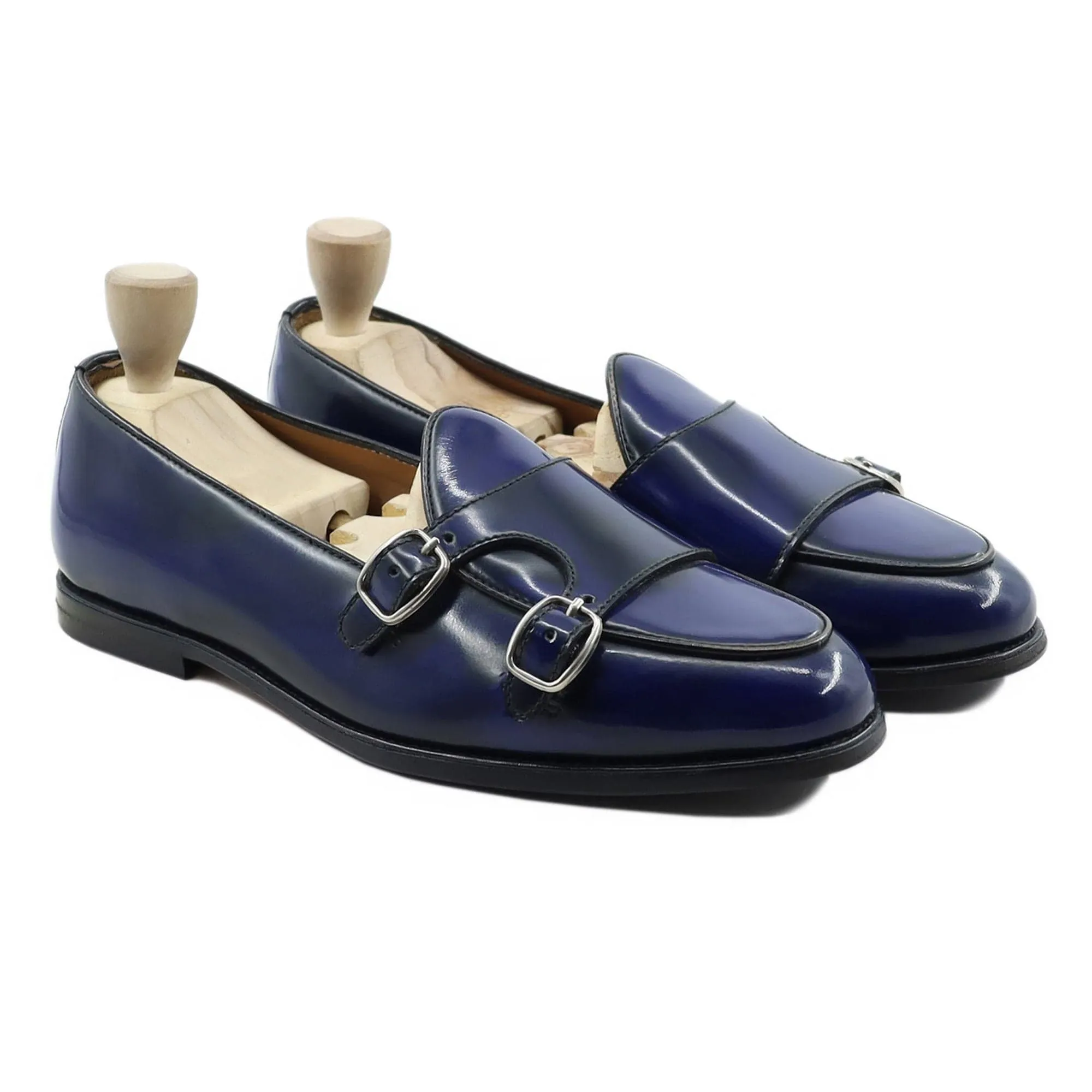 Handmade Custom Men's Blue Box Leather High Shine Double Monkstrap Loafers