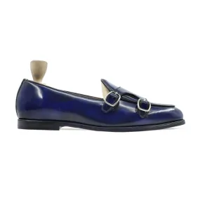 Handmade Custom Men's Blue Box Leather High Shine Double Monkstrap Loafers