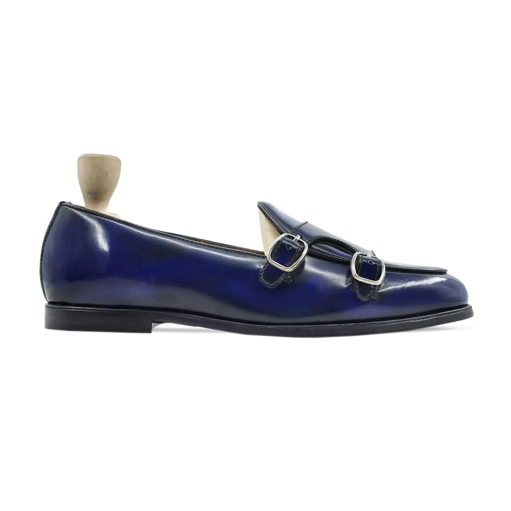 Handmade Custom Men's Blue Box Leather High Shine Double Monkstrap Loafers