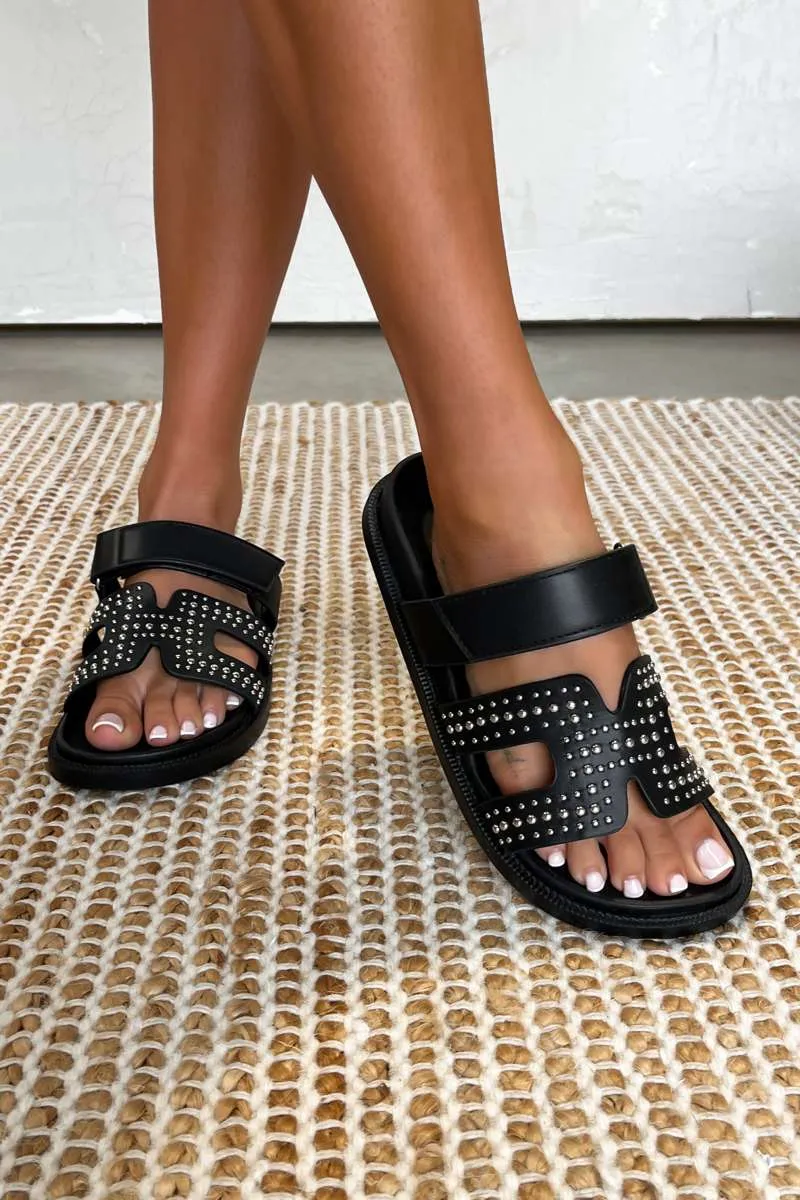 HARPER Studded Gladiator Strap Sandal - Black/Silver