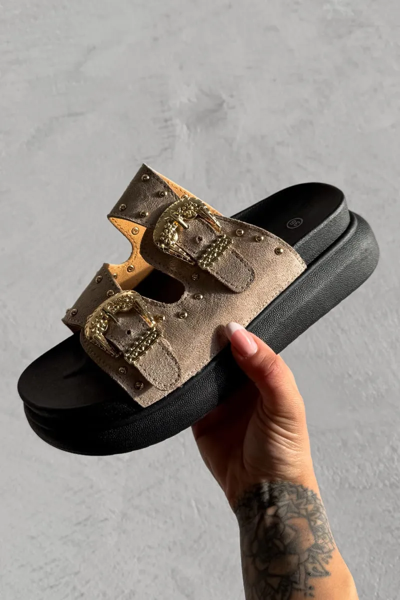 HAZEL Chunky Studded Buckle Sandals - Taupe