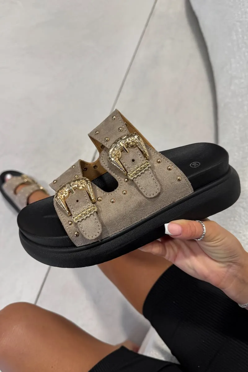 HAZEL Chunky Studded Buckle Sandals - Taupe