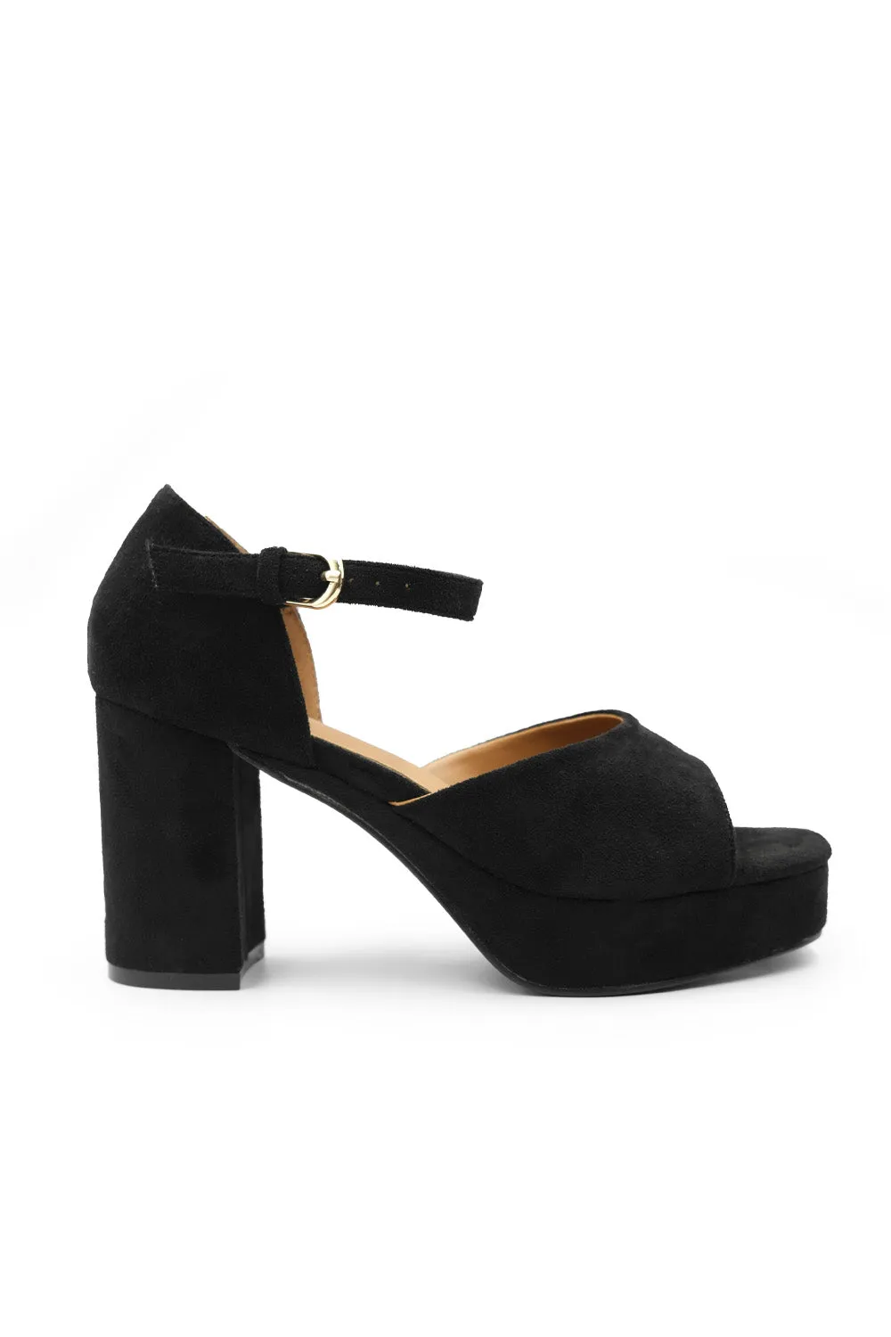 MARIN WIDE FIT STATEMENT PLATFORM BLOCK HIGH HEELS WITH BUCKLE DETAIL IN BLACK SUEDE