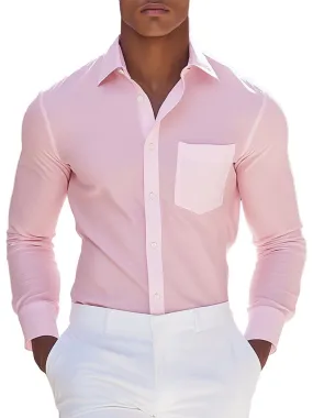 Men's Pink Single Pocket Casual Long Sleeve Shirt