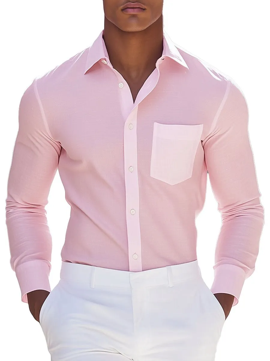 Men's Pink Single Pocket Casual Long Sleeve Shirt