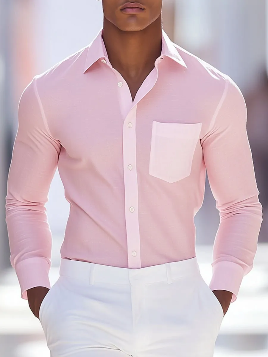 Men's Pink Single Pocket Casual Long Sleeve Shirt