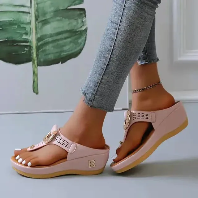 Metal Ring Decor Comfortable Open Toe Flip Flops For Women