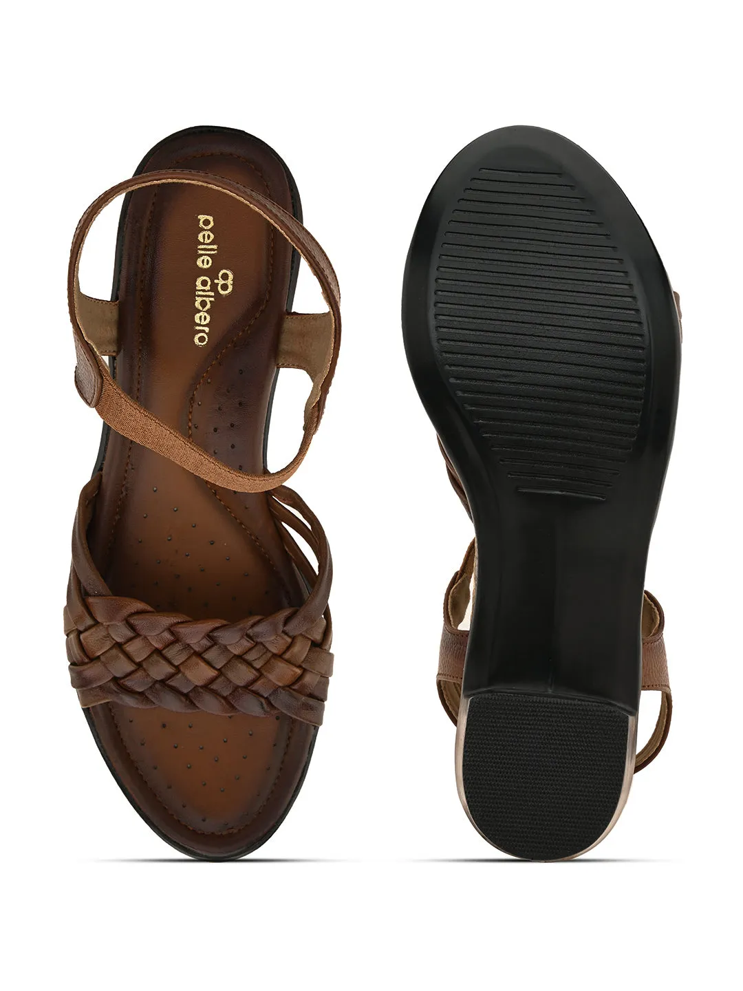 Pelle Albero Women's Brown Leather Ankle Buckle-Strap Block Heel Sandals