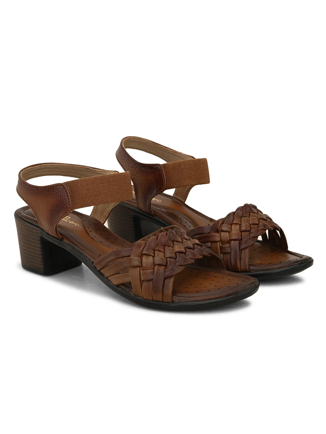 Pelle Albero Women's Brown Leather Ankle Buckle-Strap Block Heel Sandals