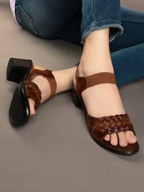 Pelle Albero Women's Brown Leather Ankle Buckle-Strap Block Heel Sandals