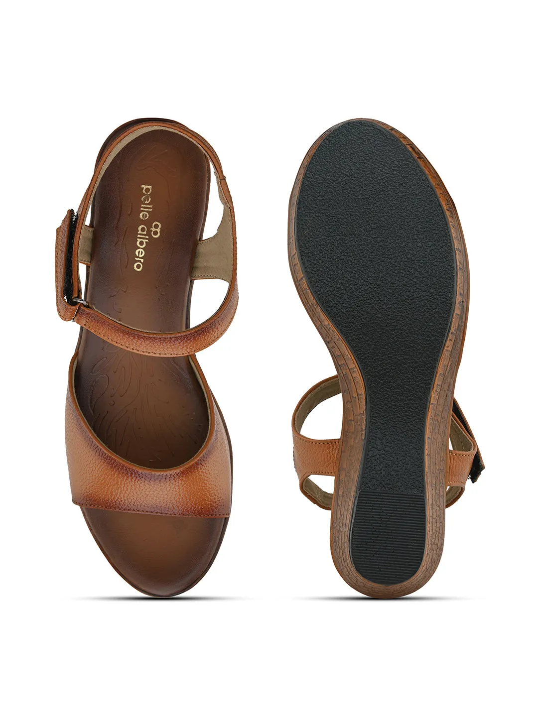 Pelle Albero Women's Tan Leather Ankle Buckle-Strap Wedge Heel Sandals