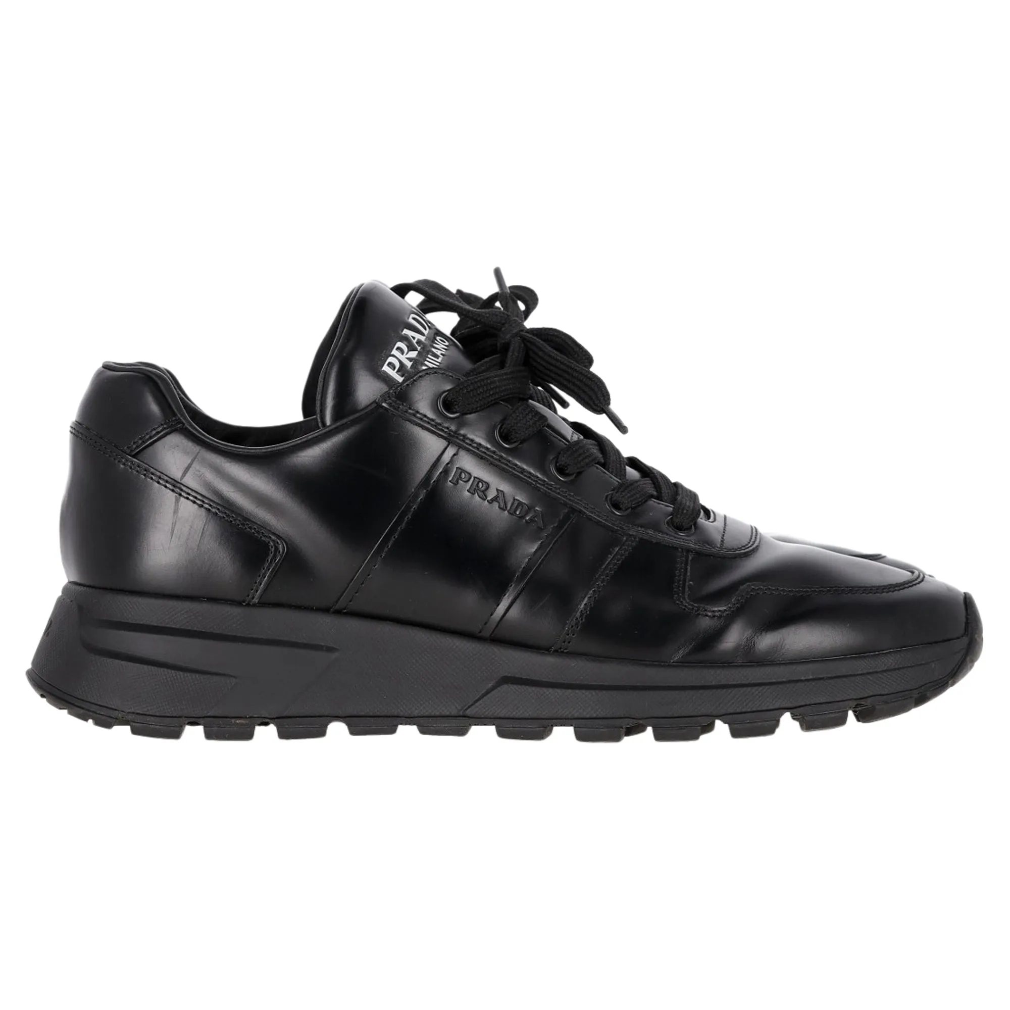 Prada Prax 01 Lace-Up Low-Top Sneakers in Black Calfskin Leather