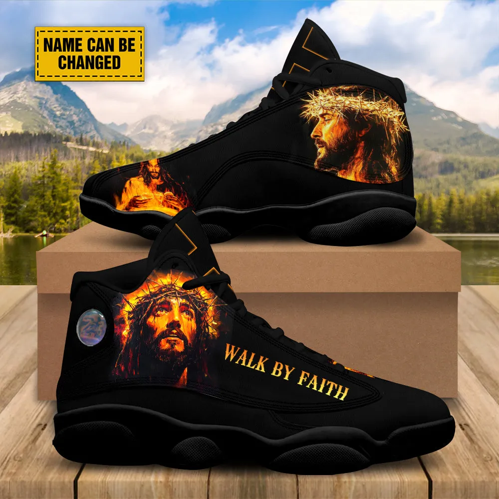 Teesdily | Customized Jesus Portrait Art Basketball Shoes, Walk By Faith Running Shoes Christian Unisex Shoes With Thick Sole