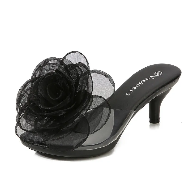 Transparent Slippers with Flower and Short Stiletto Heel