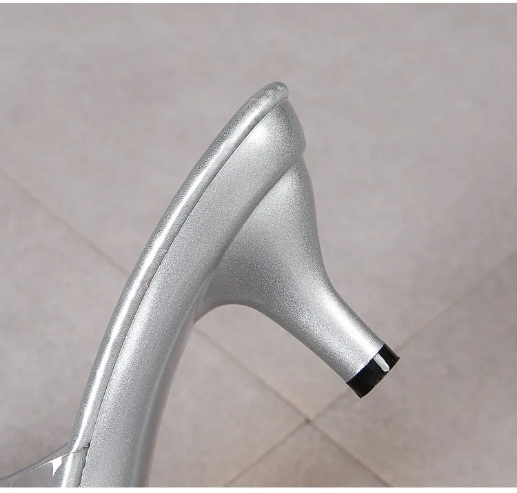 Transparent Slippers with Flower and Short Stiletto Heel