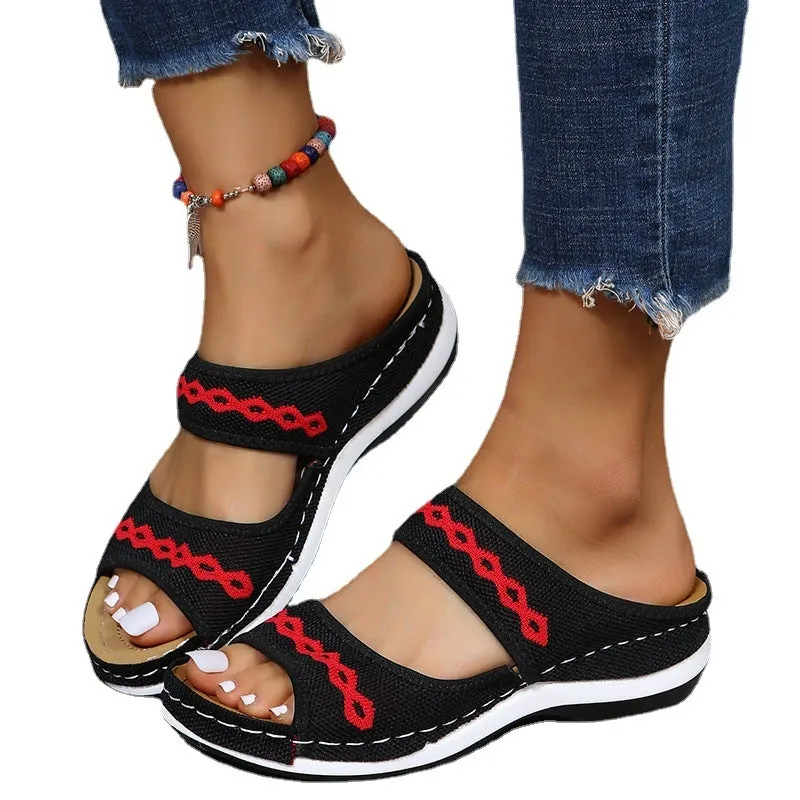 Women embroidered two strap peep toe slide sandals