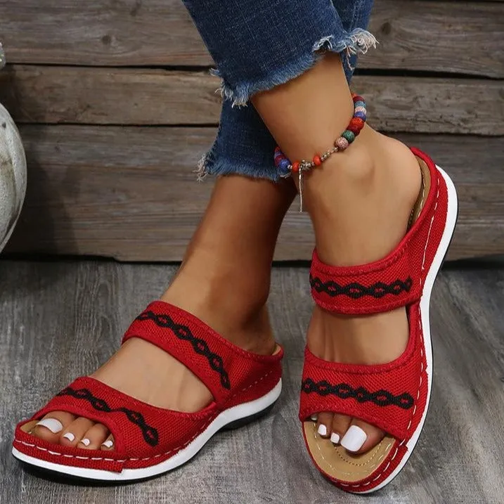 Women embroidered two strap peep toe slide sandals