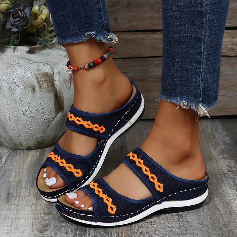 Women embroidered two strap peep toe slide sandals