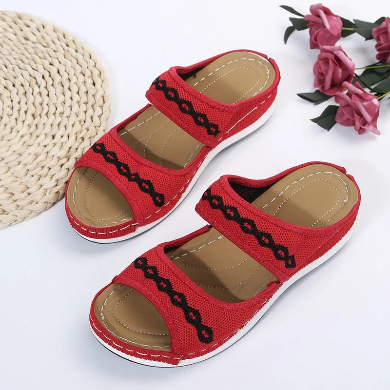 Women embroidered two strap peep toe slide sandals