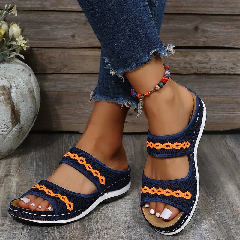 Women embroidered two strap peep toe slide sandals