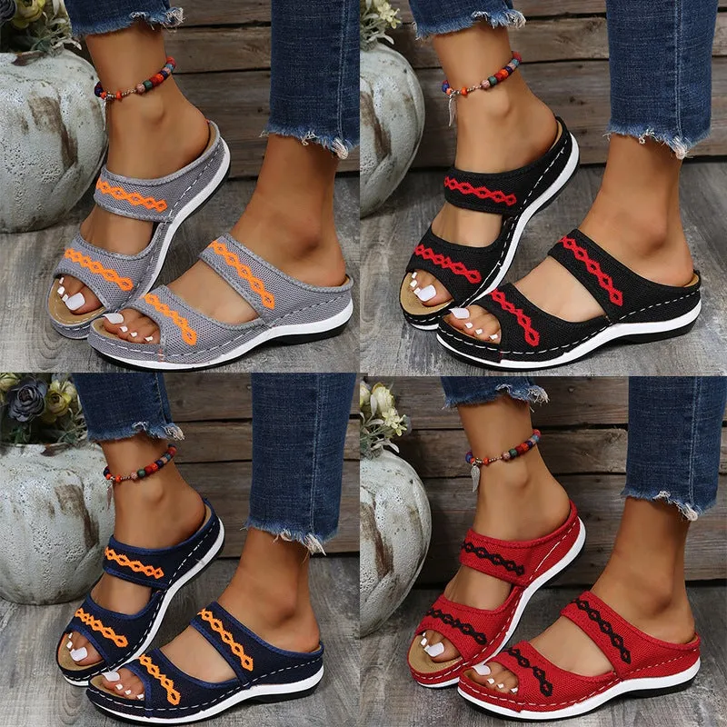 Women embroidered two strap peep toe slide sandals