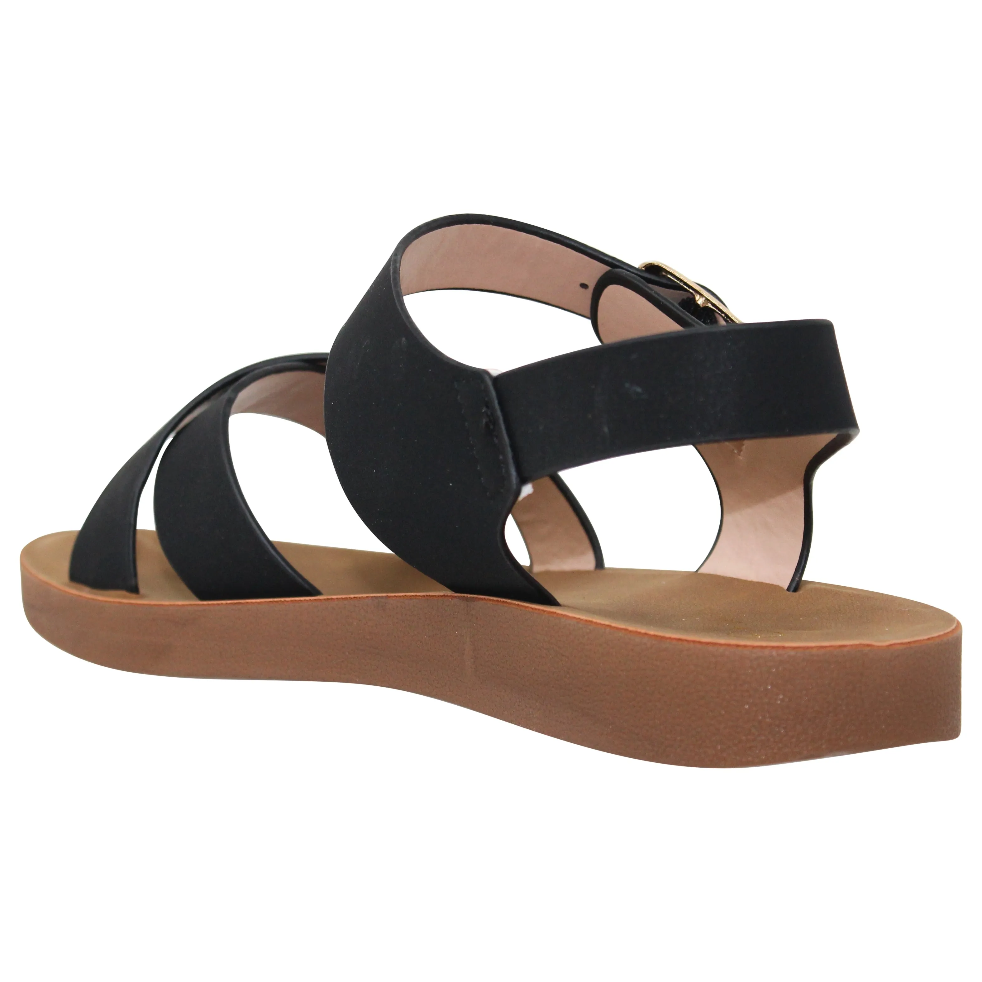 Women's Flatform Sandals X-Cross Ankle Strap Gold Buckles Black