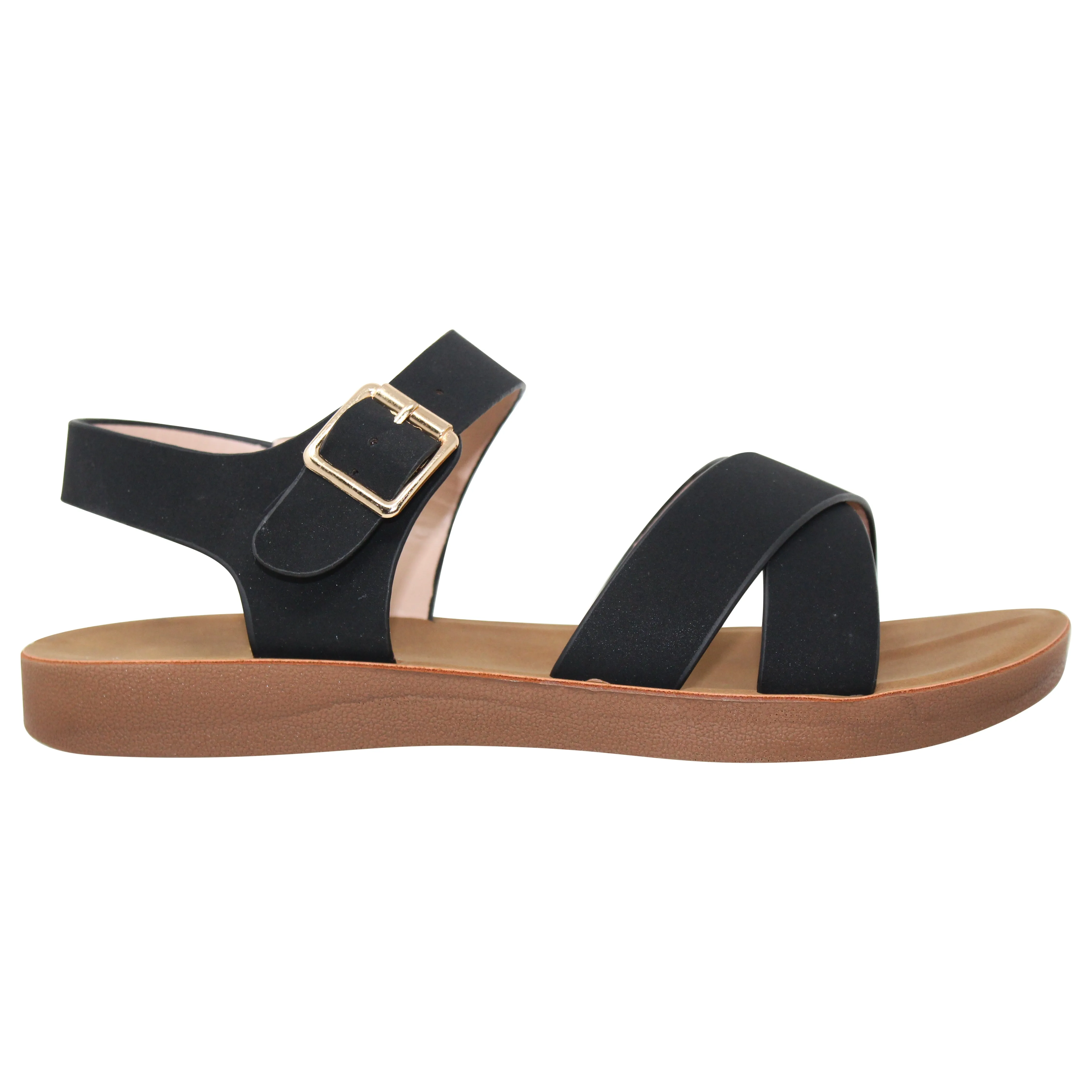 Women's Flatform Sandals X-Cross Ankle Strap Gold Buckles Black